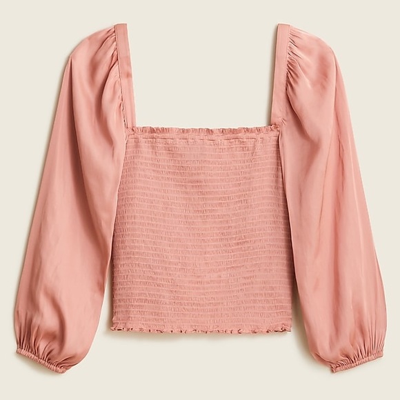 J CREW SMOCKED SQUARE NECK FEATHERWEIGHT SATIN TOP CLAY SAND NWT SZ LG - Picture 1 of 4